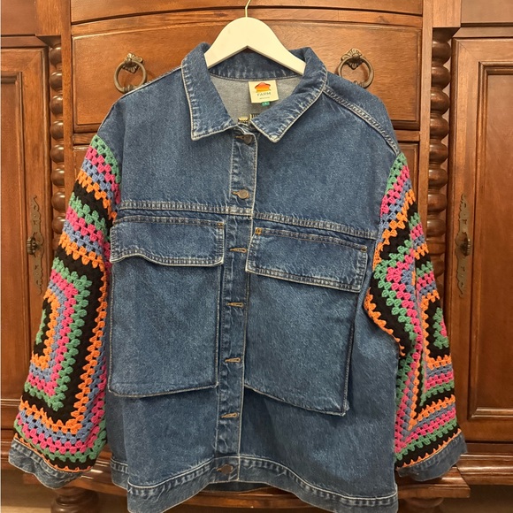 FARM Rio Jackets & Blazers - Farm Rio Denim Jacket with Colorful Crochet Sleeves